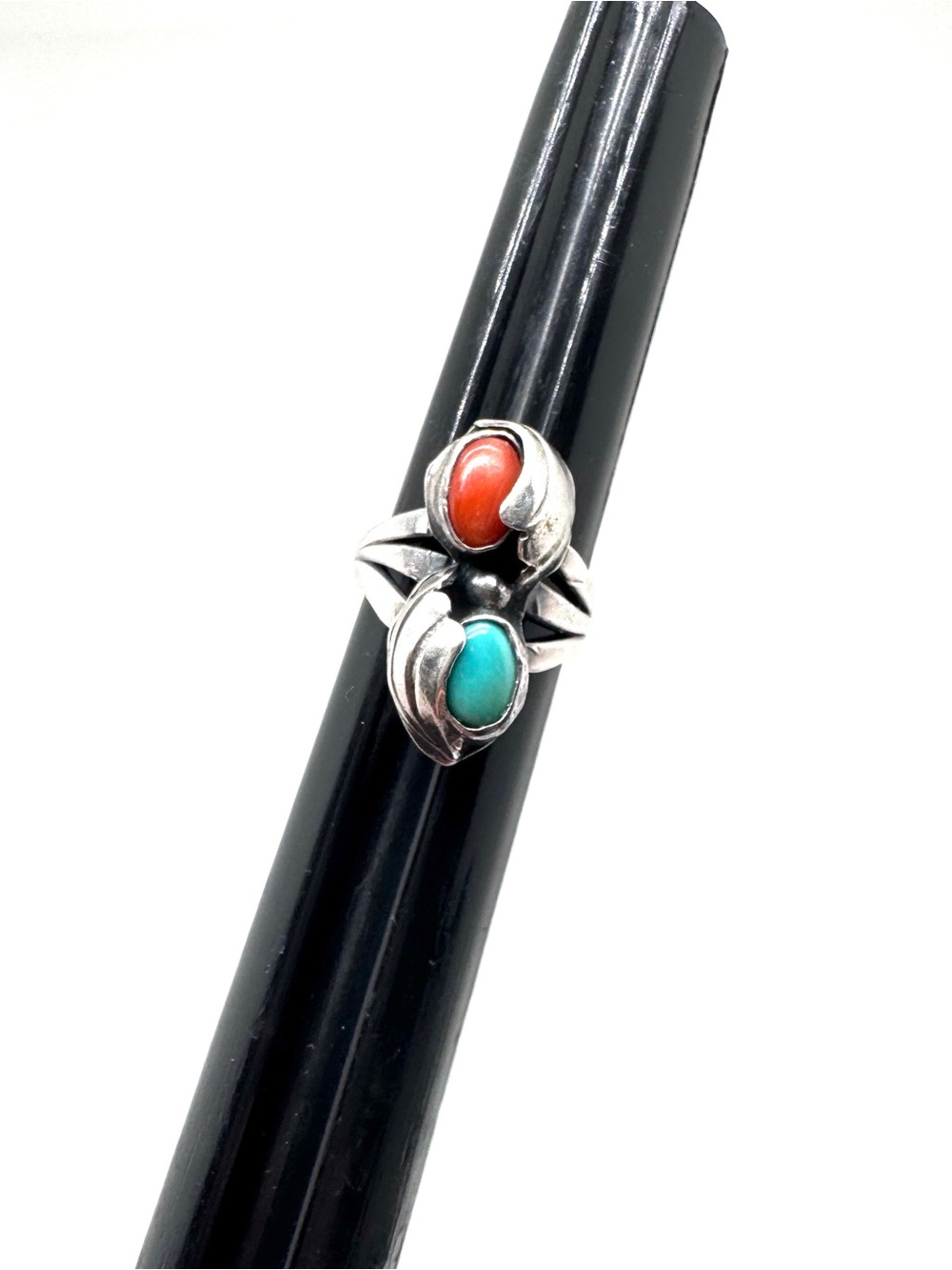 Vintage Sterling Silver Coral and Turquoise Ring Size 3 1/2